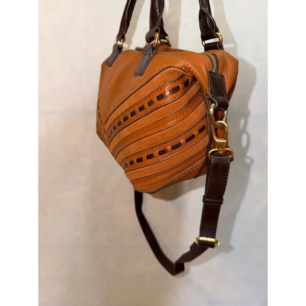 Isabella‎ Fiore Leather Chevron Satchel Crossbody Bag Tan Brown